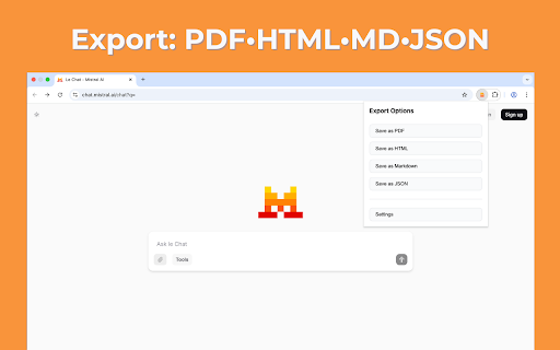 Mistral to PDF :: Export your Mistral AI chat conversations to PDF, HTML, Markdown, and JSON formats with ease.