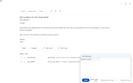 QuillReply for Gmail :: Turn any email into a reminder with the right due date, and draft replies in your own voice. Buttons live inside Gmail.
