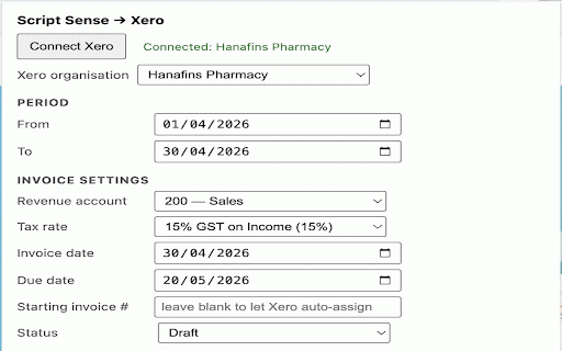 Script Sense → Xero :: Push monthly account charges from Script Sense to Xero.