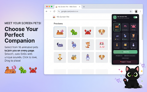 My Screen Pet :: Adorable animated pets live on your webpages — pick from 16, each with its own sound. Click for hearts, drag, or shoo away.