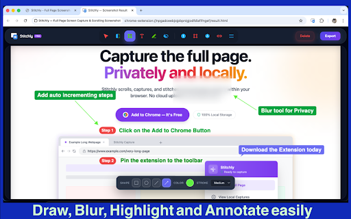 Stitchly — Full Page Screen Capture & Scrolling Screenshot :: Capture full-page screenshots locally in your browser and export as PNG, JPEG, or PDF.