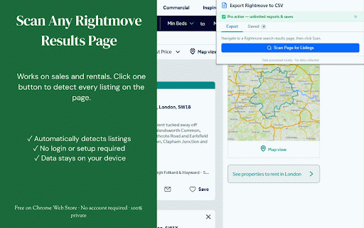 Export Rightmove to CSV :: Export Rightmove listings to CSV/XLSX/JSON/HTML. Deep scrape details. Save, tag & track price changes locally.