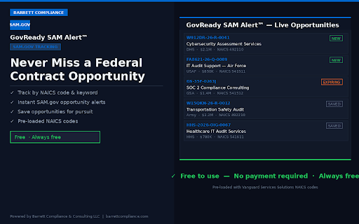 GovReady SAM Alert™ :: Track federal contract opportunities on SAM.gov by NAICS code and agency. Save pursuits and export your pipeline report.