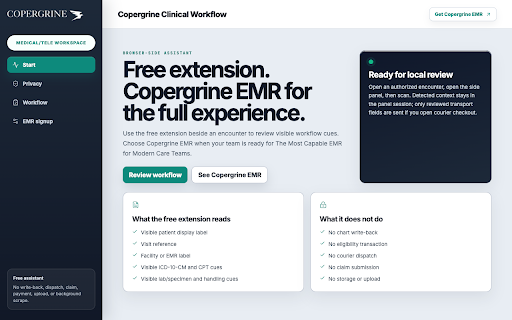 Copergrine Clinical Workflow :: Free encounter QA beside your EMR. Review visible coding, documentation, eligibility, and order cues locally.