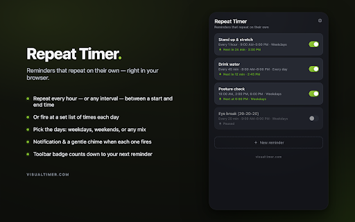 Repeat Timer :: Recurring reminders that repeat on an interval or at set times — every hour, between a start and end, on the days you choose.