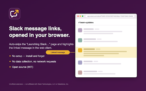 Open in Browser for Slack :: Open Slack message links in the browser, not the desktop app, and highlight the linked message.