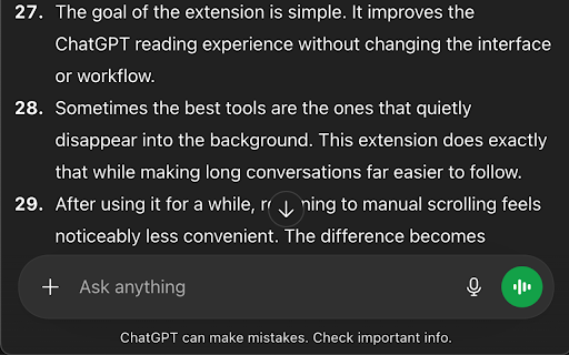 ChatGPT Auto Scroller :: Auto-scrolls ChatGPT using only the bottom-center down arrow and final bottom jumps.