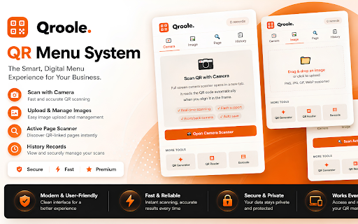 Qroole - QR Code Reader :: Advanced QR code reader: camera, page scan, image upload and right-click menu.