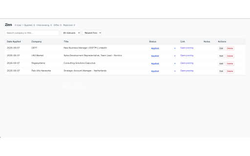 Zien — Job Application Tracker :: Track and manage the jobs you've applied to, straight from your browser.