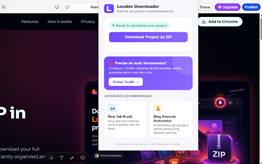 Lovable Downloader :: Baixa o código-fonte do seu próprio projeto Lovable como um arquivo .zip, usando a sua sessão já autenticada no navegador.