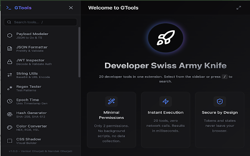 GTools: Developer Swiss Army Knife :: 20 developer tools in your toolbar. JSON, JWT, Regex, Diff, QR, and more. 100% local, zero network requests.
