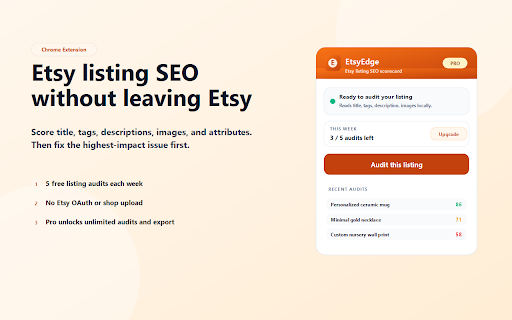 Etsy SEO Scorecard - ListingFix :: Score Etsy listings on title, tags, photos, description, and attributes. Get prioritized SEO fixes on the page.