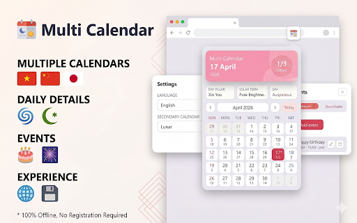 Multi Calendar — Lunar / Hijri / Jalali :: Multi-country calendar: Gregorian + Lunar (VN/CN/KR/JP), Islamic Hijri, Persian Jalali. 8 languages, dark mode, RTL.