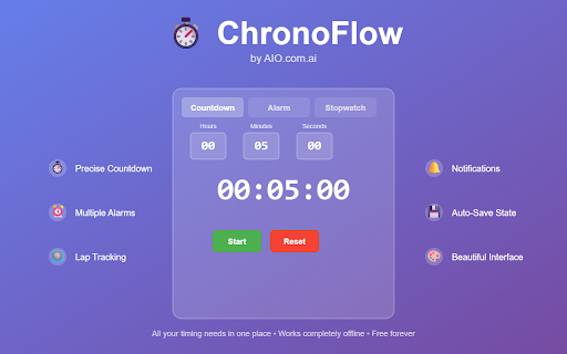 ChronoFlow :: Countdown timer, alarm clock, and stopwatch with lap tracking - all in one beautiful interface