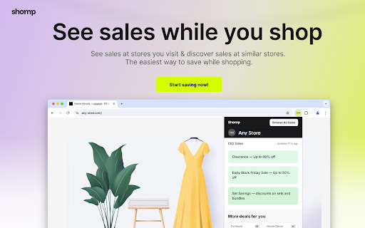 Shomp - See Sales While You Shop :: Never miss a sale. Shomp shows you sales on the site you're browsing, plus related deals at similar stores you might otherwise miss.
