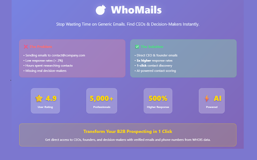 WhoMails - CEO & Founder Email Finder :: Instantly find CEO & founder emails via WHOIS + enriched social media, phones,company data. Perfect for B2B sales & lead generation