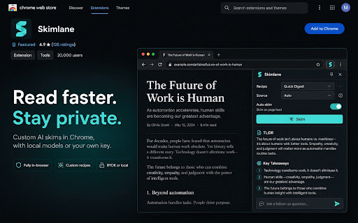 Skimlane :: Personalized reading summaries for webpages and PDFs using on-device, local, or bring-your-own-key AI.