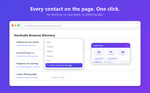 Lead Extractor - Emails, Phones & Links by MiniWebtool :: Pull every email, phone number and link off the page you're on - one click, no copy-paste. Pay once, no subscription.