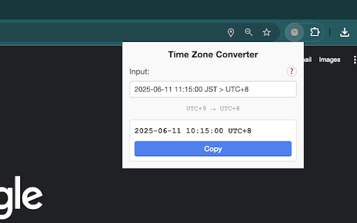 Time Zone Converter :: Easily convert times between timezones using a clean, command-style format like "2025-06-11 11:15:00 JST > UTC+8".