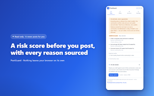 PostGuard for Reddit :: Check a community's rules and your account before you post, every reason sourced. It never posts for you.