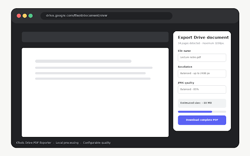 KTools Drive PDF Exporter :: Export authorized Google Drive viewer pages into one local PDF with configurable quality.