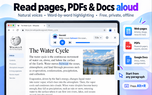 Hearald — Read Aloud for Pages & PDFs :: Read web pages, PDFs and Google Docs aloud with natural voices on your device. Word-by-word highlighting. Free, private, offline.