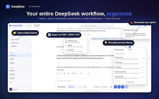 DeepBlue for DeepSeek: Search, Folders & Export :: Supercharge DeepSeek chat: search, folders, bookmarks, tone picker, token/context counters & PDF/JSON export.