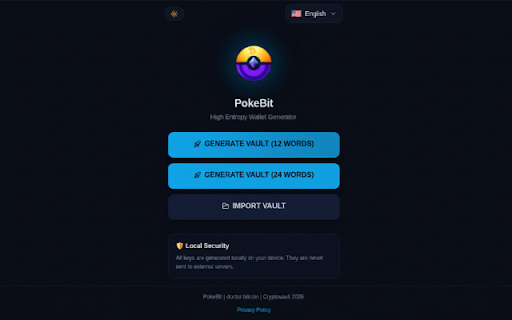 PokeBit - High Entropy Wallet Generator :: Generate high-entropy seed phrases and private keys and public addresses for ETH and BTC. 100% offline, zero data collection.