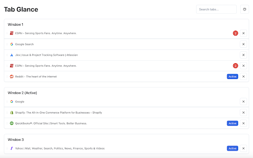 Tab Glance :: View and manage all open tabs by window.