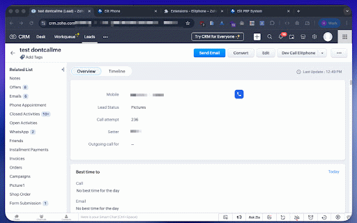 Elitphone – Zoho CRM :: Adds a phone button next to Mobile/Phone fields in Zoho CRM. Click triggers a call via elitphone (FCM).