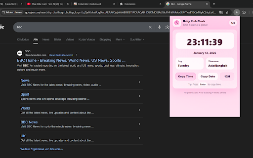 Baby Pink Clock & Date :: Shows the current time and today’s date in a cute baby pink popup.