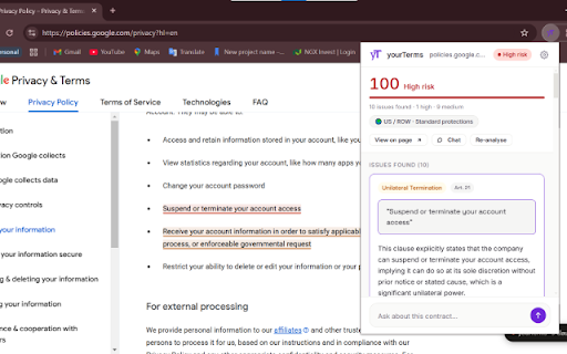 yourTerms — Legal Transparency Agent :: Understand what you're agreeing to before you click Accept. Instant GDPR analysis of Terms & Conditions.