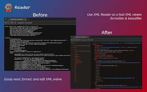 XML Reader :: Use XML Reader as a fast XML viewer, formatter & beautifier. Easily read, format, and edit XML online.