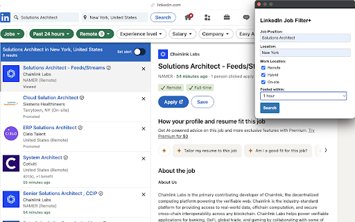 LinkedIn Job Filter :: Filter and search LinkedIn job postings faster with enhanced controls by job title, location, type, and post time.