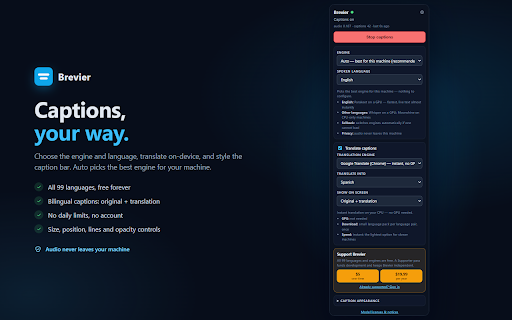 Brevier — Private live captions for any tab :: Free, private live captions & translation in 99 languages for any tab. Audio never leaves your machine.