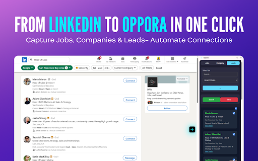 Oppora.ai – LinkedIn Jobs, Leads & Auto-Connect :: One-click transfer from LinkedIn to Oppora: jobs, leads, companies, and auto-connection management.