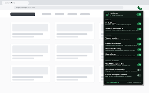 Hushtab :: Blocks trackers, sends Do Not Track and GPC signals, cleans tracking links, and hardens your browser. Every feature is toggleable.