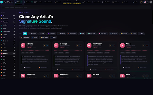 Sound Cloner Pro :: The complete Suno AI toolkit for music creators. Batch generation, 500+ artist styles, AI mastering, song analysis & more.