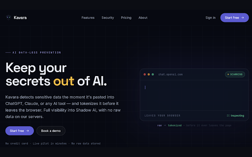 Kavara :: Protect sensitive data before it reaches AI tools. On-device tokenization for enterprise Shadow AI governance.