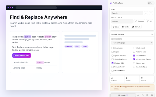 Text Replacer: Find & Replace Anywhere :: Find and replace text on any web page: page content, inputs, forms & emails. Word replacer with match case, whole word & regex.
