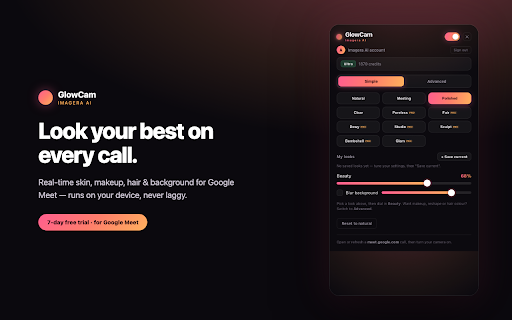GlowCam: AI Beauty Filter for Zoom, Meet & Teams :: Real-time AI beauty filter for Zoom, Google Meet & Teams. Smooth skin, makeup, hair, reshape & background — 100% on-device.