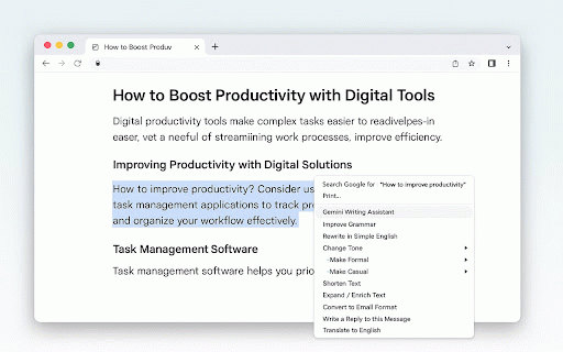 Gemini Writing Assistant :: Right-click selected text to rewrite, improve grammar, change tone, shorten, expand, or translate using Google Gemini.