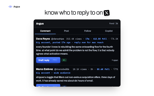 Argus - grow on X :: Grow on X: reads your own X analytics, ranks who to reply to, and drafts replies in your voice. Nothing automated, you press send.