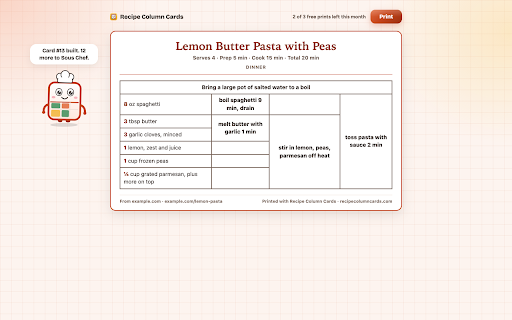 Recipe Column Cards - Print a Recipe Card on One Page :: Print any recipe as a one page card, with every ingredient lined up next to its step. A layout some cooks find easier to read.