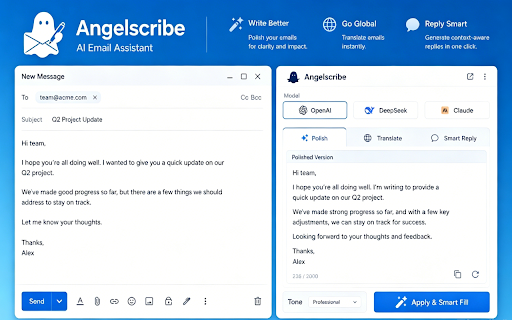 Angelscribe: AI Email Writer & Smart Reply :: A seamless AI email assistant for Gmail to draft, polish, translate, and smart reply to emails 10x faster.