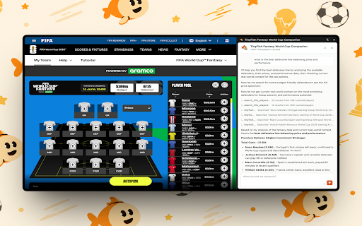 TinyFish Fantasy World Cup Companion :: Fantasy football copilot for researching players and managing your FIFA World Cup Fantasy team powered by TinyFish.