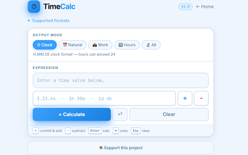 TimeCalc :: Add & subtract time durations with smart output modes — clock, natural, work, and more.