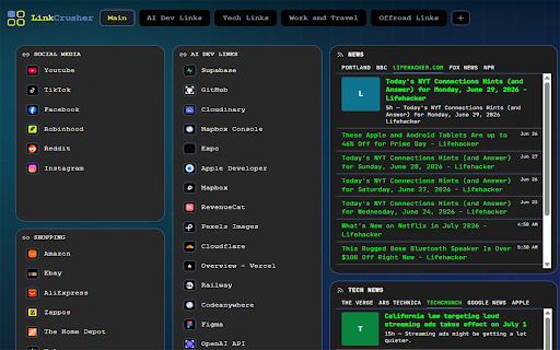 LinkCrusher New Tab Page and Dashboard :: Turn every new tab into a custom start page: organize links & bookmarks, add weather, news & stock widgets, themes, and cloud sync.