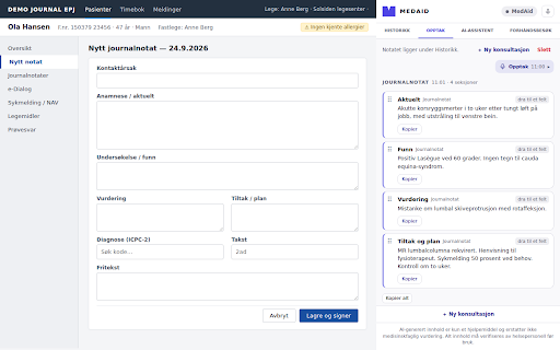 MedAid Journal Companion :: Opptak, AI-notat og AI-assistent i et sidepanel ved journalsystemet. Dra resultatet rett inn i feltene.