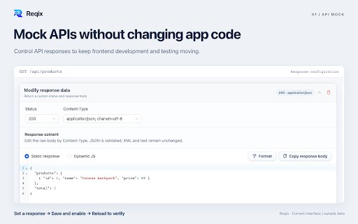 Reqix – API Mock & HTTP Request Modifier :: Mock APIs from DevTools requests. Modify requests and responses, redirect URLs, and debug locally without an account.
